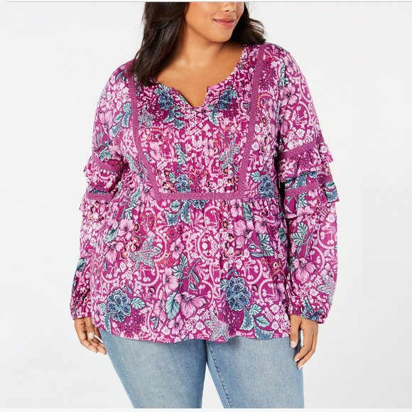 Style&Co Blouse Women's Plus Purple Floral Tiered-Sleeve Crochet Peasant Top - Picture 1 of 6